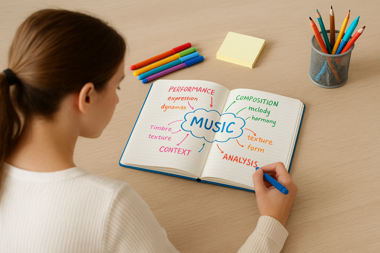 Student creating a colorful mind map of music topics including performance, analysis, and composition.